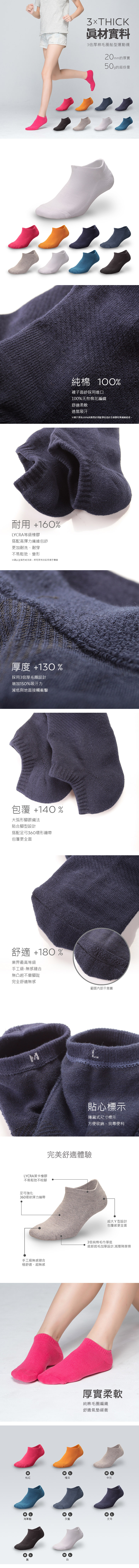 Waken 純色毛巾厚底船型運動襪 / 襪子 / 男襪 女襪